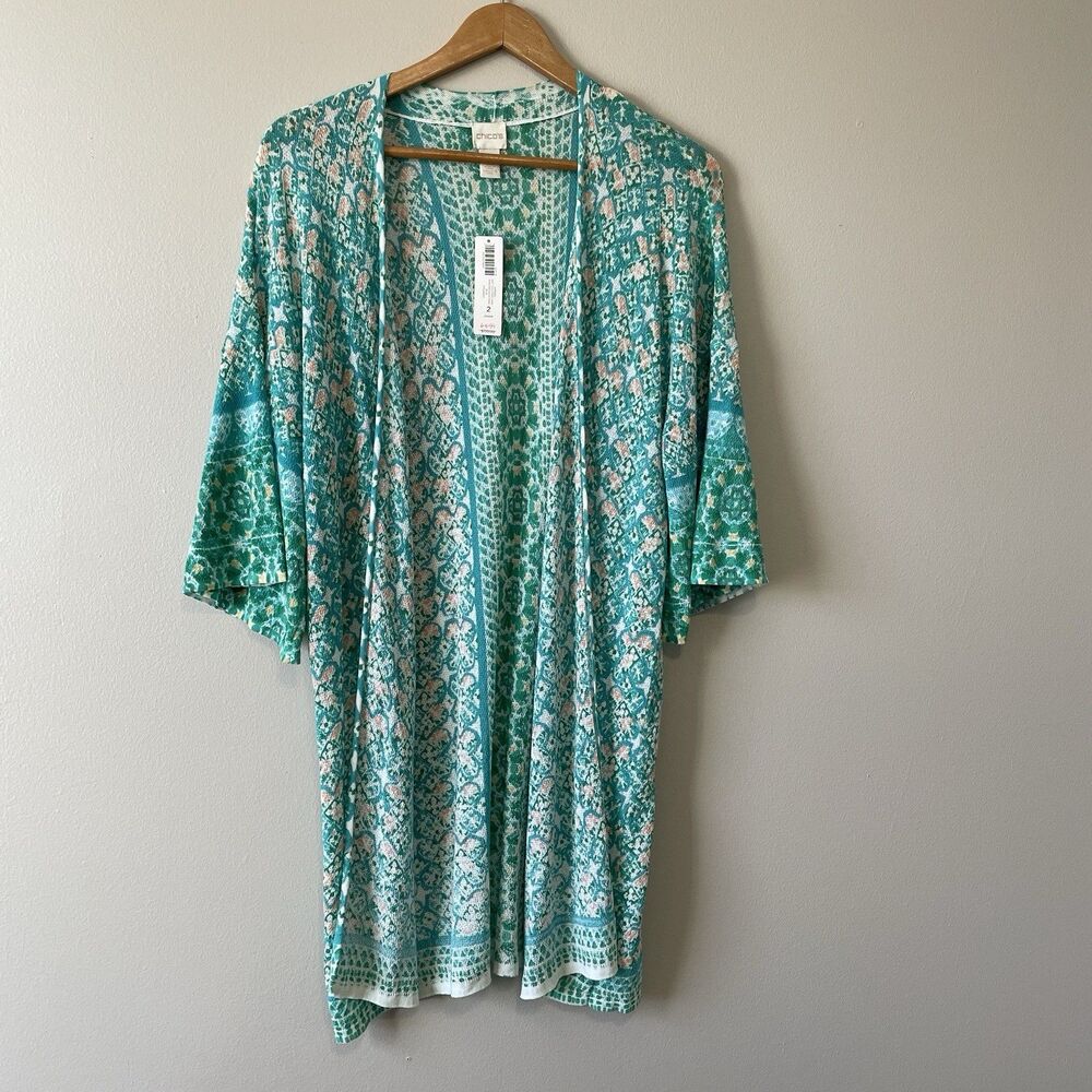 NWT Chicos Soft Tile Stripe Cardigan L (2) Kimono Open Front Resort Beach Boho